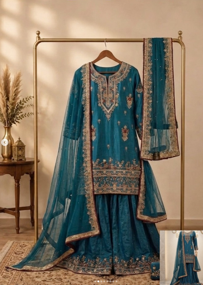 Stylia Boutique — teal sharara outfit on hanger